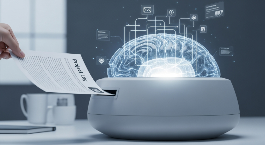 一名使用者將寫有專案日誌的文件餵養給一個抽象的AI大腦，AI隨即生成清晰的學習路徑，象徵「建立專案日誌，餵養AI當家教」的方法，避免AI失憶。