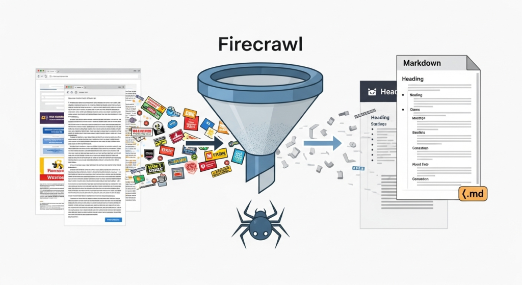 Firecrawl教學示意圖，一個概念性的過濾器將雜亂的網頁淨化成乾淨、整齊的Markdown文字檔案，象徵用爬蟲整理學習資料的過程。
