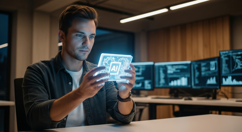 一位創作者思考並啟動他的第一個AI員工，一個發光的模組在手中，象徵著打造專屬AI工作流的開始。