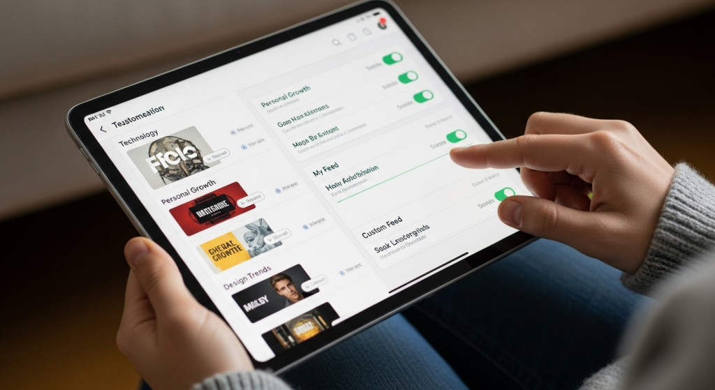 使用者正在客製化自己的 Folo 推薦訂閱清單，從科技、個人成長、設計趨勢等類別中挑選內容來源，打造個人化資訊流。