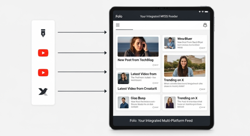 Folo 工具教學示意圖，展示其如何作為免費RSS閱讀器，將部落格、YouTube、X 等多平台資訊來源整合在一個介面中。