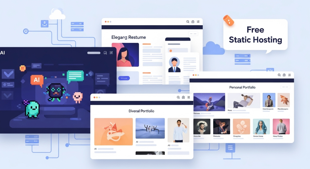 一個免費靜態網站空間可以容納多種專案的示意圖，包含AI互動遊戲、線上履歷和個人作品集網站。