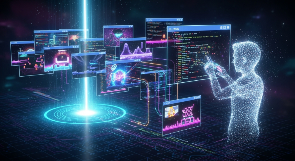 一個發光的數位靈感點子庫，許多小遊戲視窗從中延伸出來並互相連結，有抽象的用戶圖標正在改造其中一個遊戲，象徵Astrocade的社群創意與改造功能。