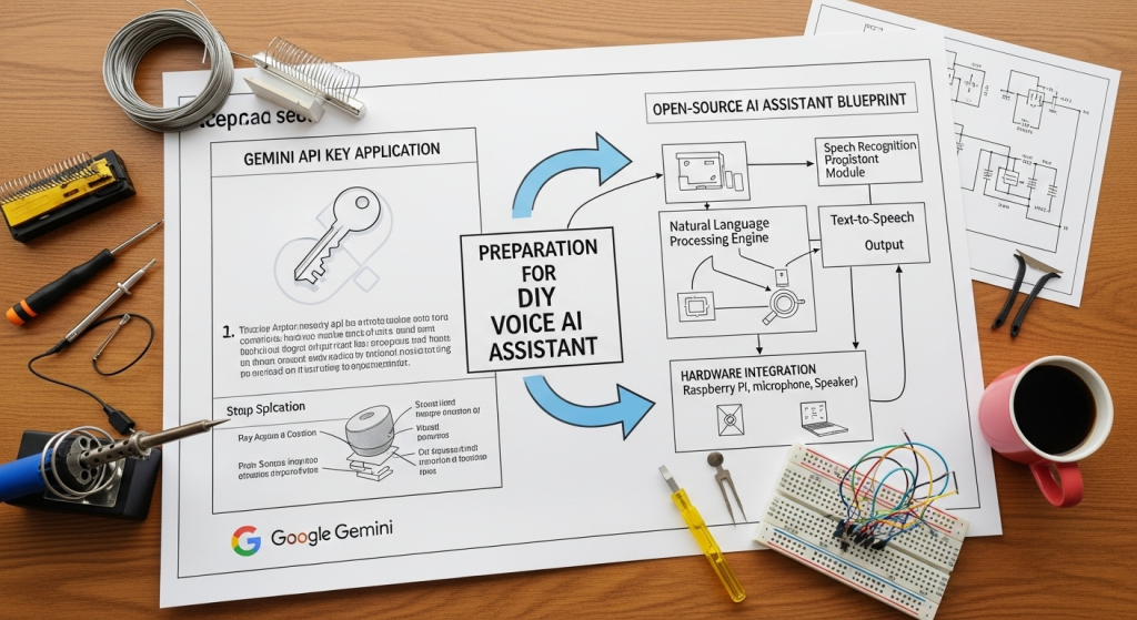 申請Gemini API的金鑰與開源AI助理專案的藍圖，兩者結合在一起，象徵開始DIY自製AI語音助理前的準備工作。