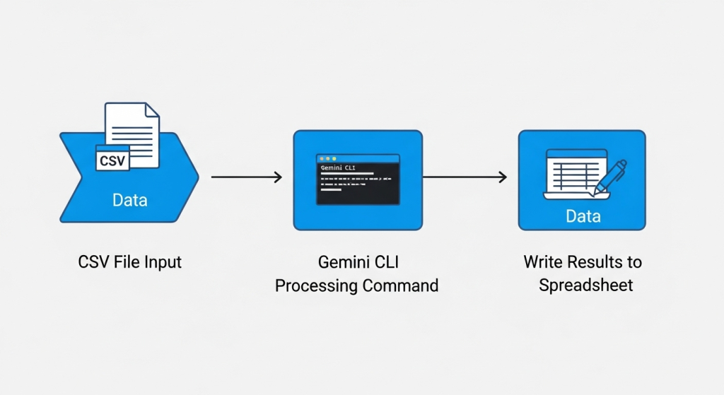 AI自動化寫入檔案的三步驟流程圖，從CSV檔案輸入，經過Gemini CLI的指令處理，最後結果自動寫回試算表。