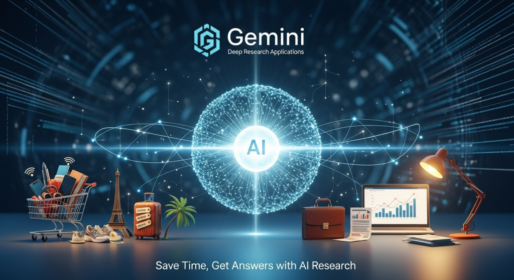 一個發光的AI節點，放射出光線連結到購物、旅遊、工作等生活場景圖標，展現Gemini深度研究應用的多元性，以及如何用AI節省查資料時間。