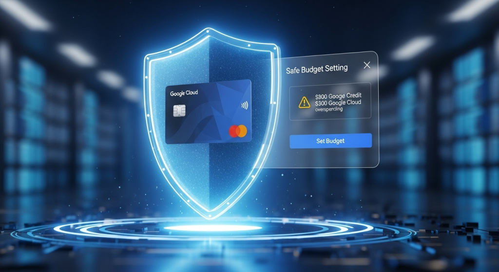 一個發光的科技盾牌保護著一張信用卡，旁邊有設定預算警告的UI介面，象徵著如何安全領取Google Cloud 300美金並避免意外扣款。