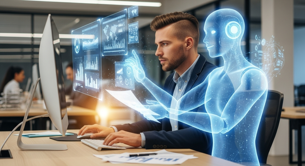 一位上班族專注於創造性工作，身旁一個友善的AI助理正在自動處理繁瑣的數據與文件，展現人與AI協作的未來工作模式。