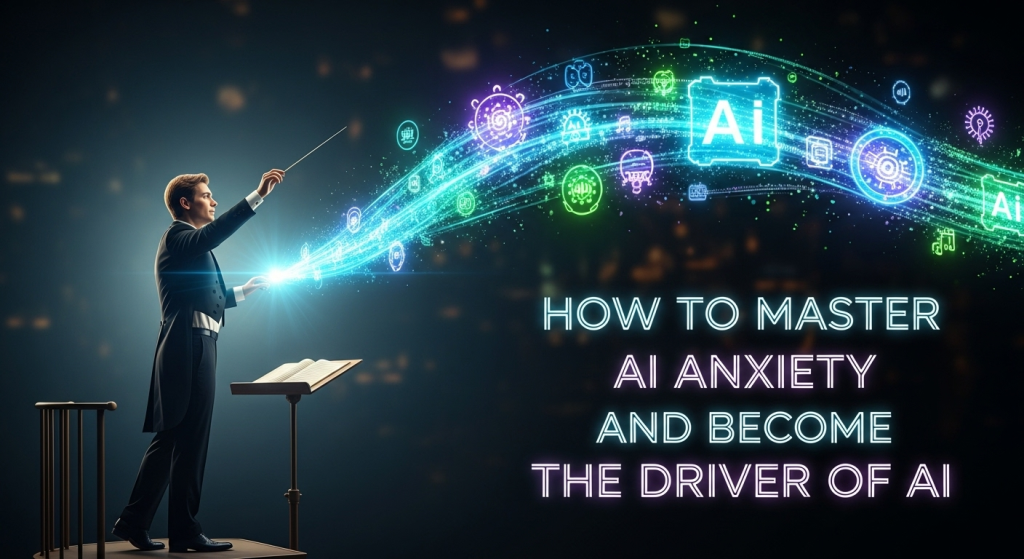一位充滿自信的人，作為指揮家，引導著發光的AI數據流，象徵著「如何克服AI焦慮，讓人成為駕馭AI的主宰」。