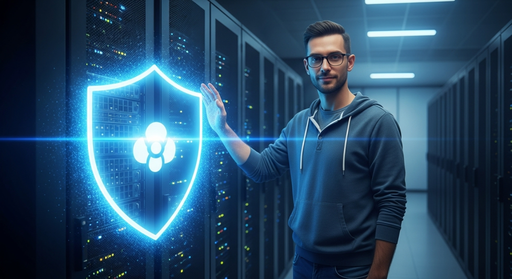 一名開發者充滿自信地站在被藍色能量護盾保護的本地伺服器旁，象徵著用Cloudflare Tunnel實現的本地伺服器安全性。