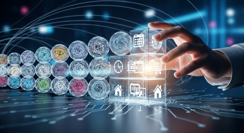 數個混亂的思緒球體，被一隻手整理成整齊的模塊化方塊，象徵將生活流程模組化以實現「AI生活自動化」。