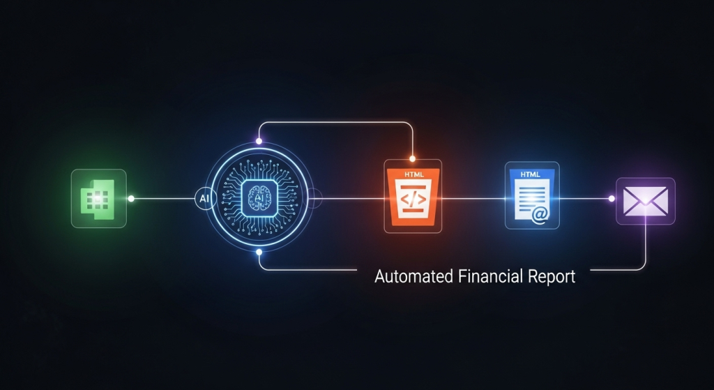 一個由發光節點和線條組成的n8n自動化工作流,從左到右依序連結了Google Sheets圖標、AI處理器圖標、HTML文件圖標,最終指向一個Email圖標,象徵著打造「自動化財務報表」的完整流程。