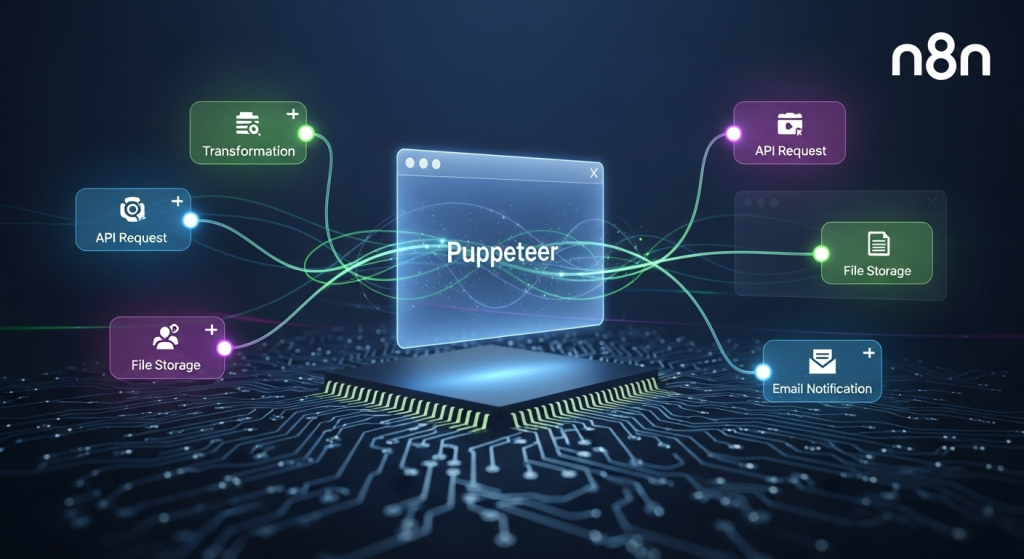 一個抽象的n8n節點流，其中一個Puppeteer節點像一個隱形的瀏覽器一樣，在後台系統中自動執行任務，象徵n8n社區節點應用。