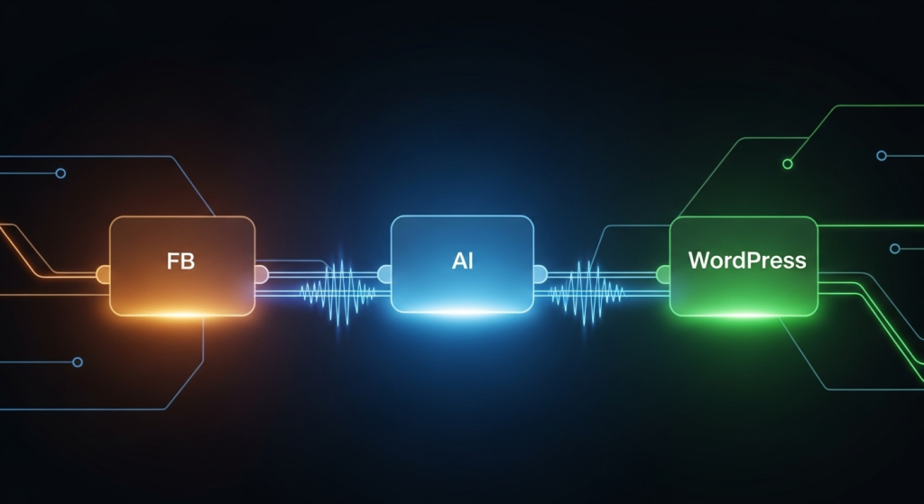 n8n應用教學的抽象示意圖，三個發光的節點分別代表FB、AI、WordPress，透過藍色的光流連接，視覺化呈現從FB文章轉部落格的自動化工作流。