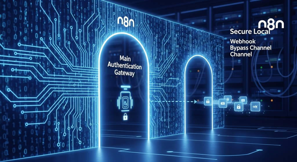 n8n 本地部署安全的示意圖：一道安全的數位牆上有一個主要的驗證閘門，旁邊有一個小型的Bypass通道，讓Webhook資料封包可以順利通過，繞過身份驗證。