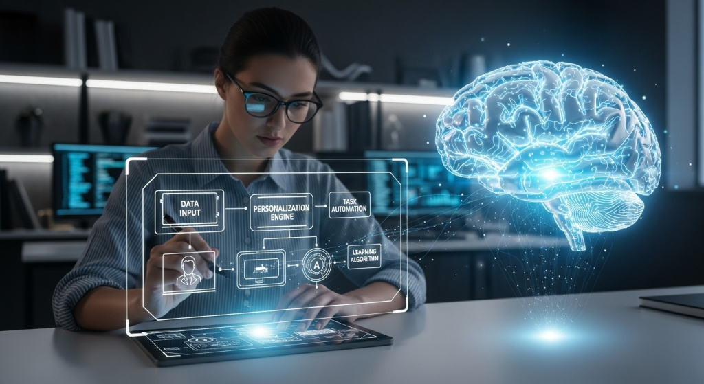 一位專注的實踐者正在設計個人化的AI助理藍圖，身旁有一個發光的AI大腦，象徵著「如何打造個人AI助理」的過程。