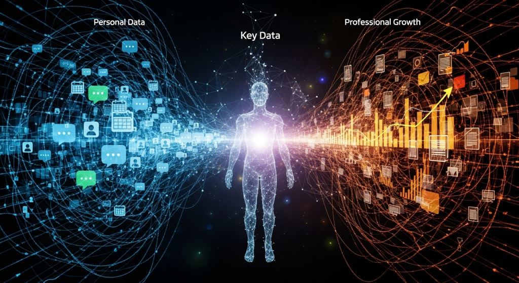 兩大類關鍵數據的抽象視覺化呈現，左側是個人專屬數據（如行事曆、對話），右側是專業成長數據（如報告、圖表），為AI數位分身準備資料。