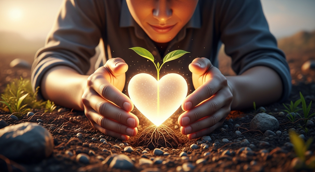 一個人正在將一顆發光的心形幼苗種入土壤，象徵著從自己真正熱愛的主題出發，開始建立個人品牌。