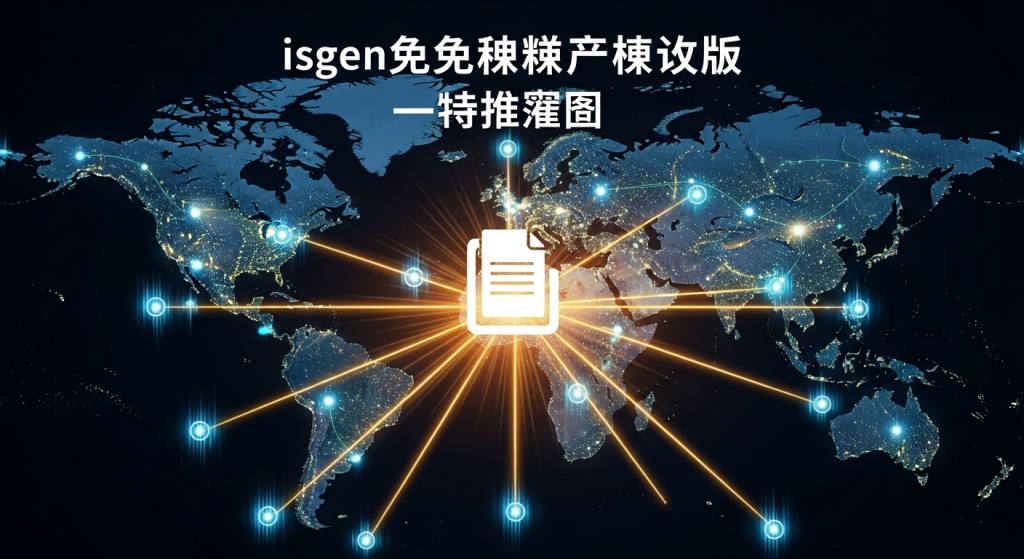 isgen免費抄襲檢查工具中文版功能示意圖，一個中心文件透過數條光線連接到世界各地的網路節點，象徵強大的文章原創性檢查能力。