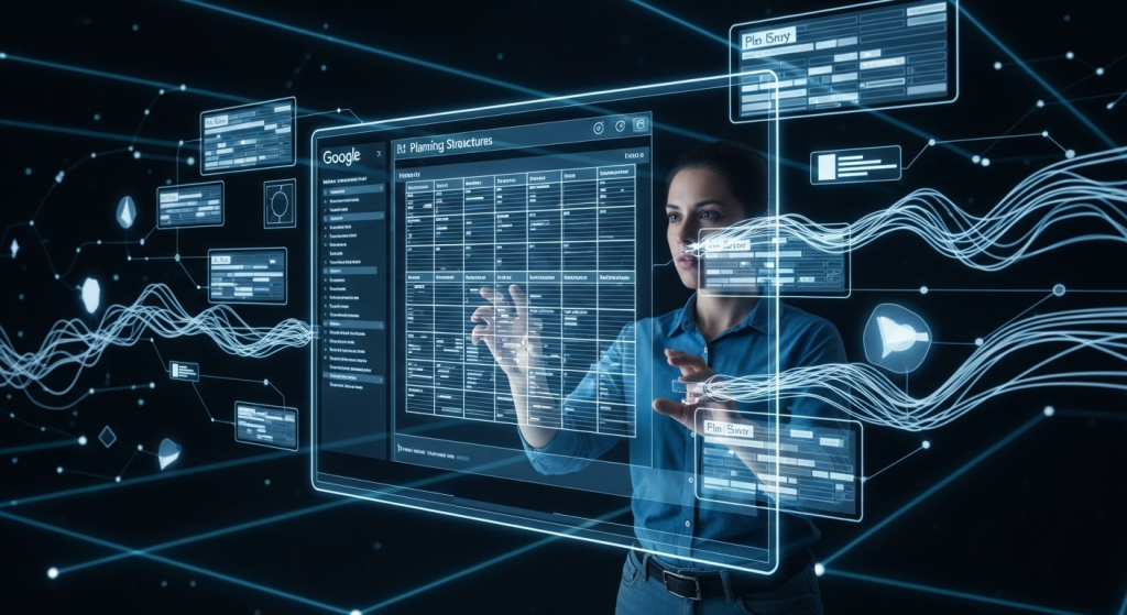 一個人正在一塊巨大的、發光的數位藍圖上規劃表格結構,藍圖上顯示著類似Google Sheets的網格,周圍有抽象的數據塊,體現了「n8n Google Sheets 應用」的規劃階段。