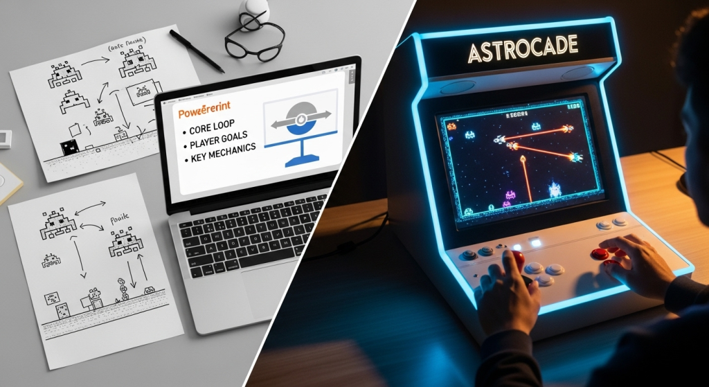 畫面從左邊的紙上草圖與PPT簡報，平滑過渡到右邊一個發光且可實際遊玩的遊戲原型，象徵使用Astrocade能快速驗證遊戲點子，將抽象想法化為現實。