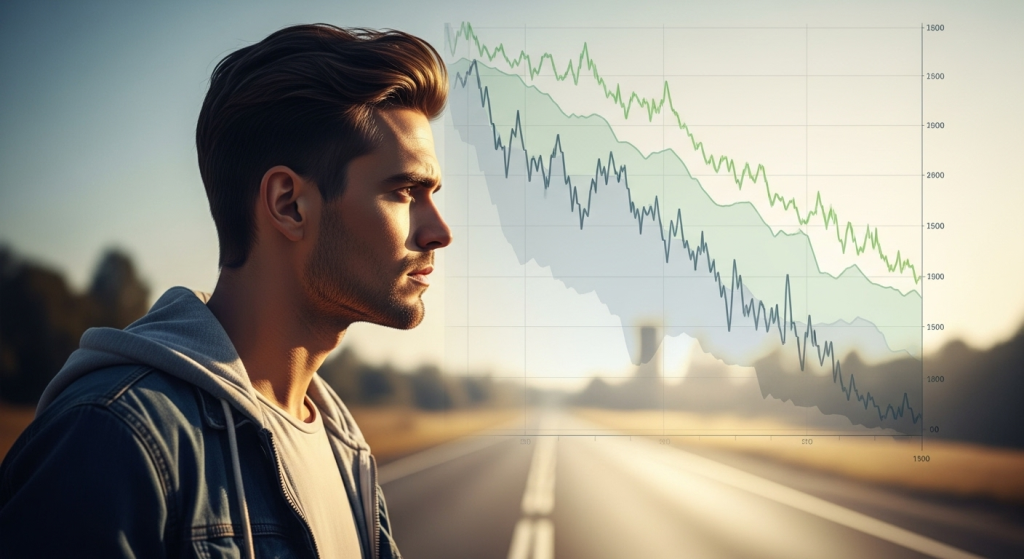 一位自媒體經營者專注凝視著前方的道路，身後是逐漸模糊的流量下滑數據圖表，象徵著克服流量焦慮，專注於長期價值與個人成長。