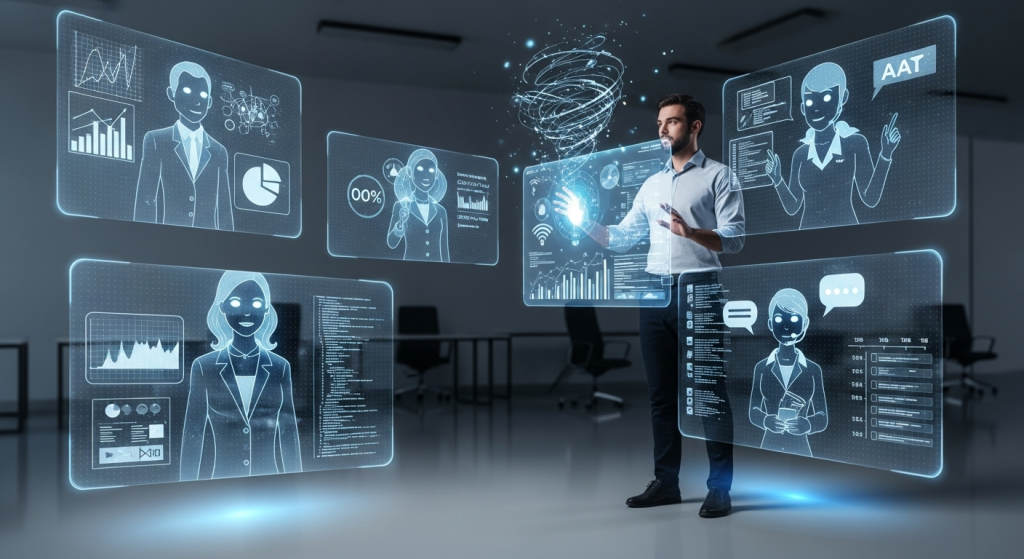 一位創業者指揮著AI自動化工作流程，多個AI角色以全息介面形式環繞，象徵打造一人公司專屬AI團隊。