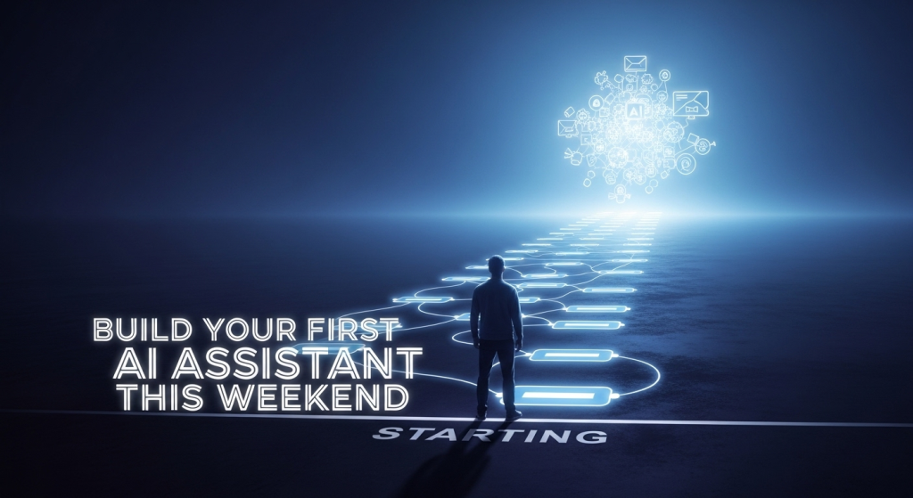 一個人站在起點，望向一條由發光節點組成的道路，象徵著「週末就動手打造你的第一個AI助理」的開始。