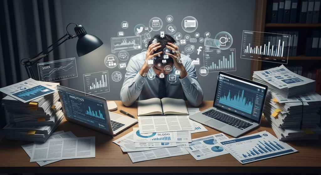 一名創業者坐在書桌前，被無數代表無效努力的數據和文件包圍，凸顯「寫了很多文章沒人看」的創業初期流量焦慮。