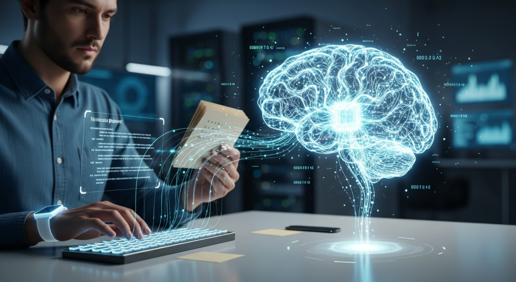 一位專注的使用者正在將結構化的純文字筆記，餵給一個發光的AI大腦，象徵著「如何讓AI讀懂我的筆記」與建立個人AI數據庫的核心概念。