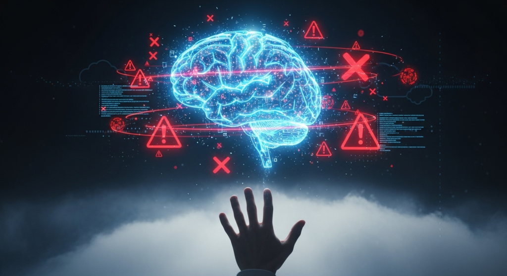 一張概念插圖，描繪一個漂浮在空中的數位大腦（代表AI Agent不穩定），周圍環繞著紅色錯誤符號，一隻手試圖抓住它卻無法觸及，象徵著依賴免費雲端服務時失去控制權的困境。