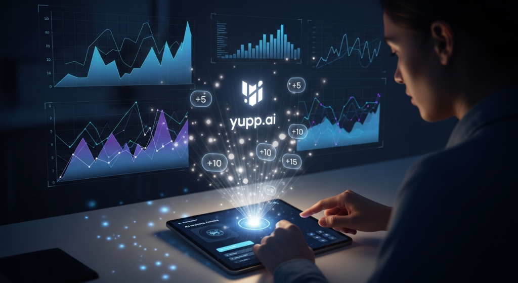 一位使用者正在評價AI模型的回答，畫面上方浮現出發光的點數回饋，背景則有數據圖表，象徵Yupp.ai的評價回饋機制與數據分析功能。