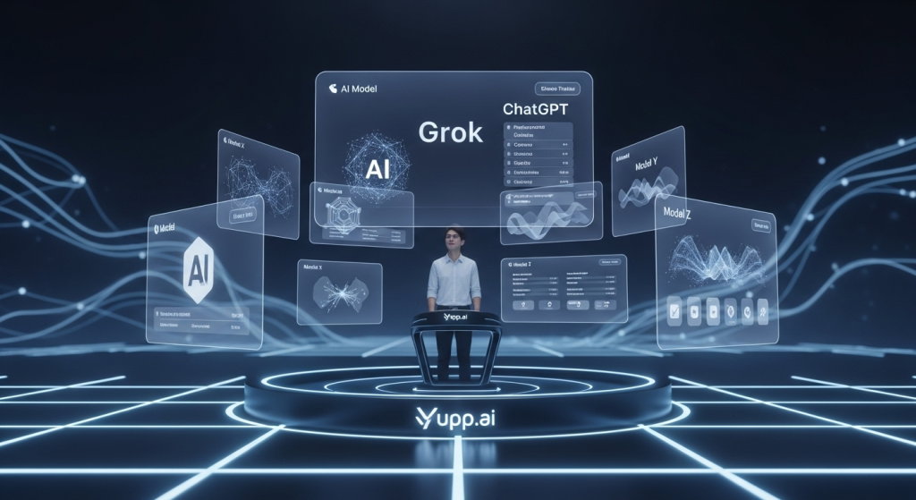 一位使用者站在充滿未來感的AI模型比較平台中央，周圍環繞著代表不同AI模型的懸浮視窗，象徵在Yupp.ai免費試用Grok等多種AI。