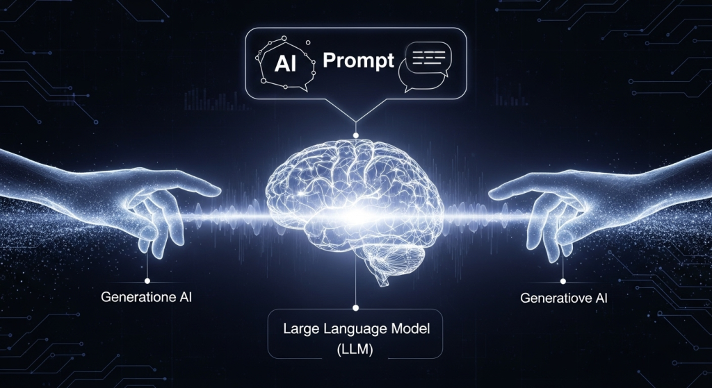 AI基礎概念示意圖，畫面中央有一個代表大型語言模型（LLM）的發光大腦，周圍有代表生成式AI的創造之手和代表提示詞（Prompt）的對話框。