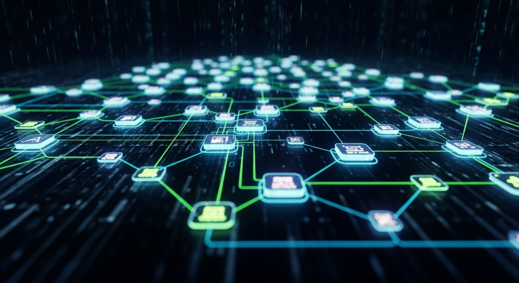 描繪AI底層架構的抽象視覺圖，畫面呈現一個複雜的網絡，由許多節點與連線組成，象徵向量資料庫（Vector Database）或Transformer架構。