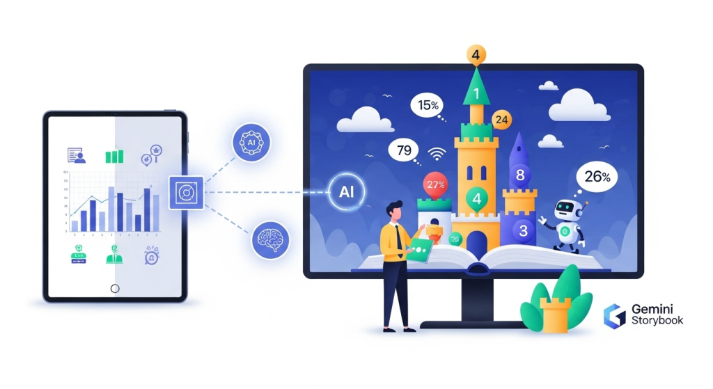 一張AI創意行銷方法的概念圖，展示如何用Gemini故事書將枯燥的商業簡報數據，轉化為生動的AI生成故事簡報，提升溝通效率。