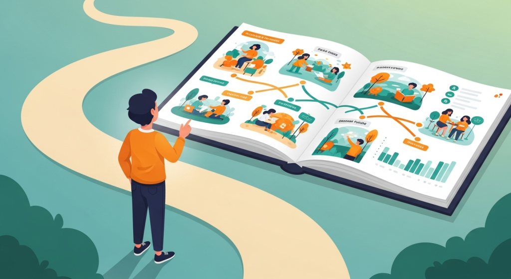 加速個人成長的視覺化藍圖，一名使用者站在人生的道路上，前方展開一本由AI繪本製作工具生成的未來故事書，象徵著模擬人生抉擇與展望理想未來。