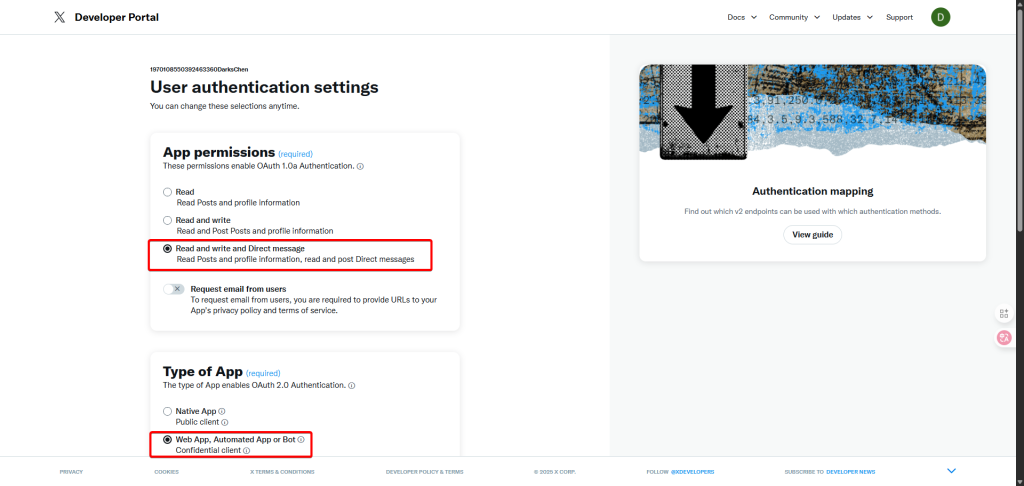 n8n X API申請，X使用者身份驗證選擇讀寫權限和WEB APP