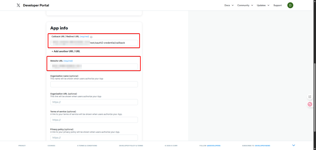 n8n X API申請，X使用者身份權限設定中URL和網址填寫
