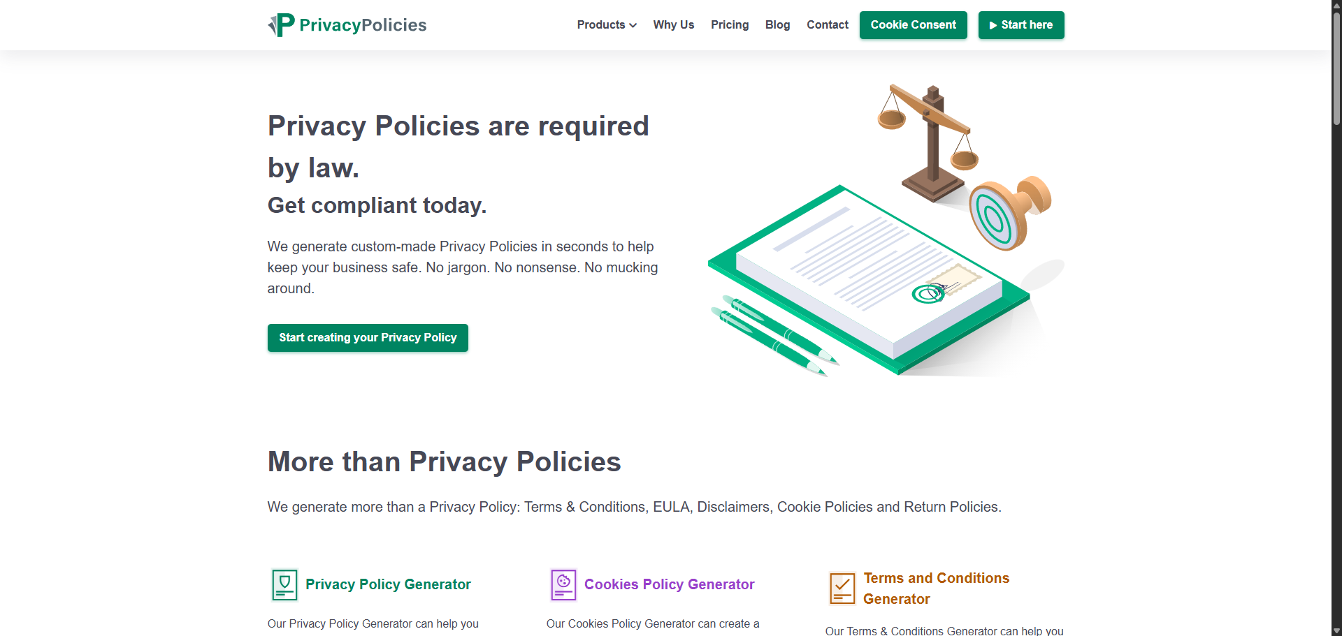 隱私權政策產生器網站 PrivacyPolicies.com 的首頁畫面。