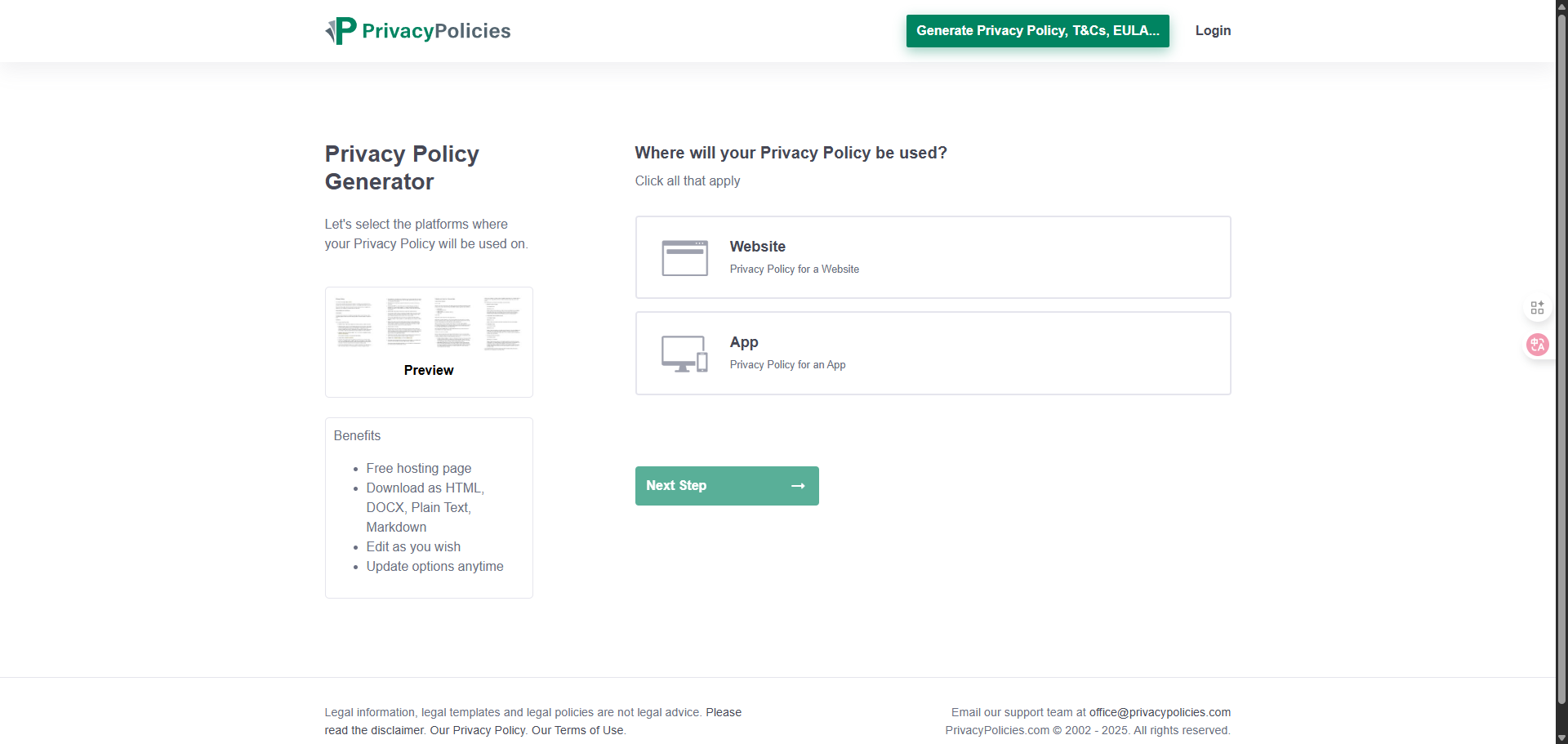 在 PrivacyPolicies.com 網站上，選擇隱私權政策要使用於「網站」或「App」。
