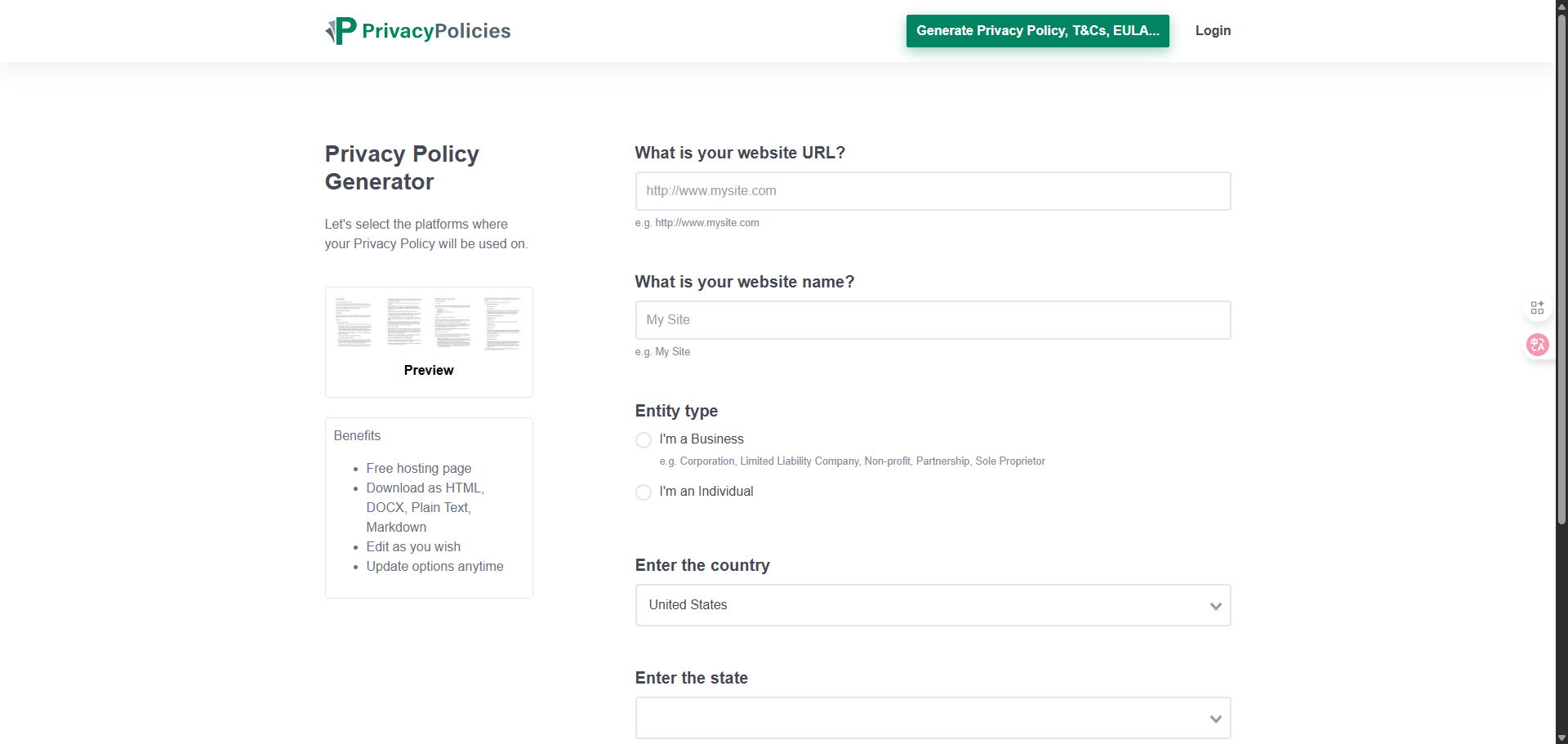 在 PrivacyPolicies.com 網站填寫網站 URL、名稱等基本資料的畫面。