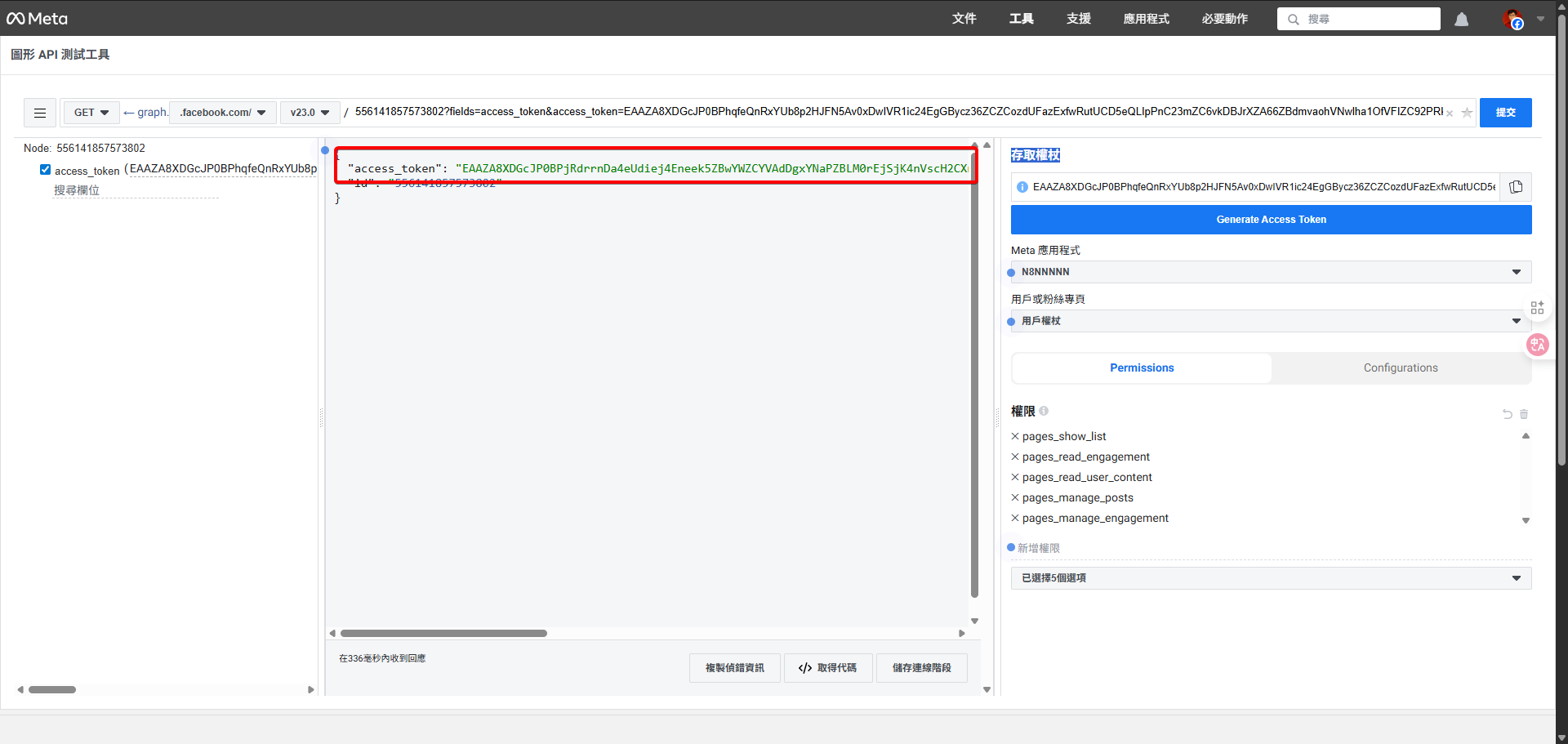 圖形 API 測試工具頁面，顯示完整的粉絲專頁存取權杖。