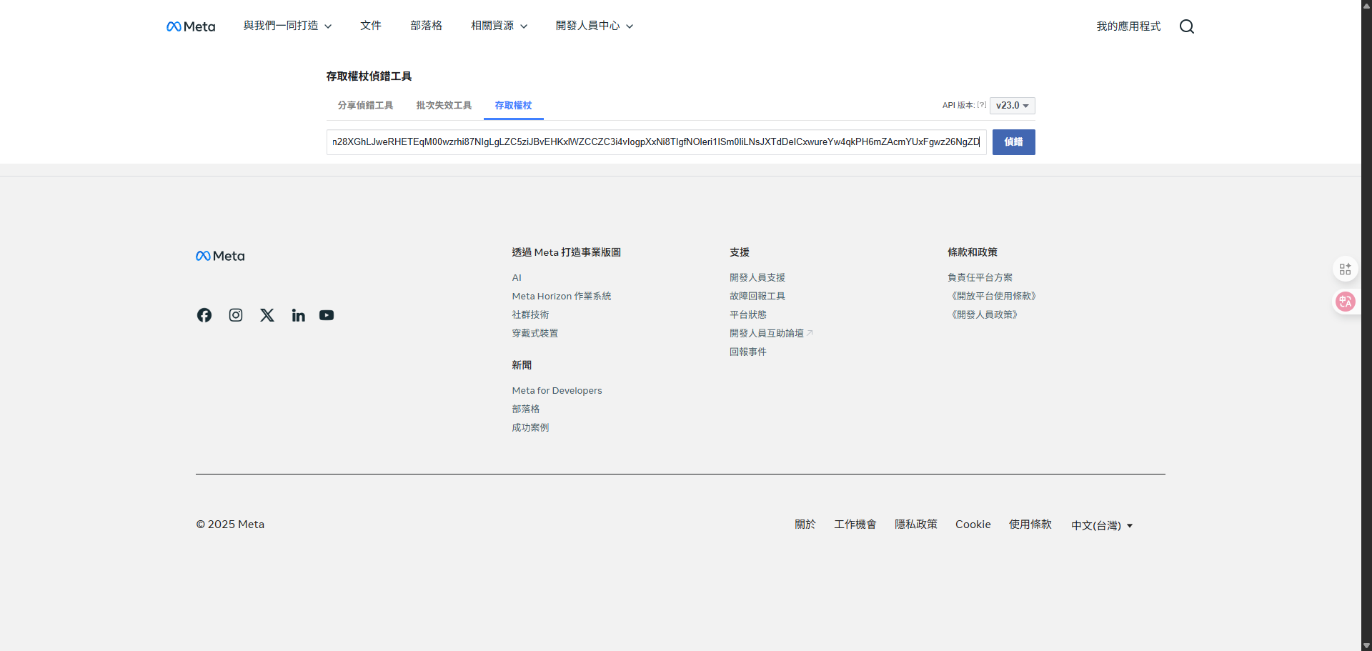 在 Meta 的存取權杖偵錯工具頁面，將權杖貼入輸入框並點擊「偵錯」。