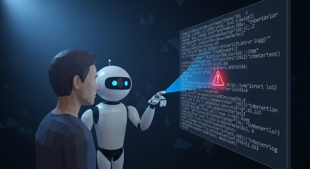 一個AI機器人幫助使用者找出螢幕上複雜錯誤日誌中的問題點，這顯示了本 n8n 免費教學 能如何像個導師一樣，讓你自學n8n 省錢又省力。