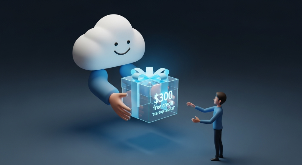 一個雲朵吉祥物贈送一個發光的禮物盒給使用者，代表透過本篇 n8n 入門資源整理，可以獲得免費的啟動資金，是自學n8n 省錢的第一步。