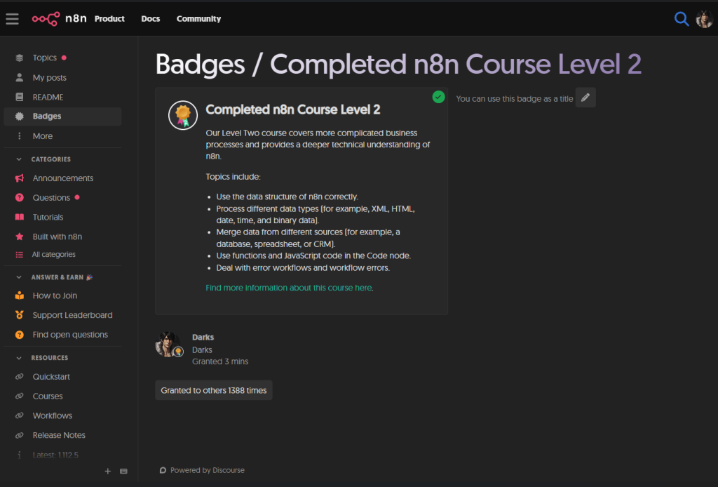n8n論壇Level 2 徽章