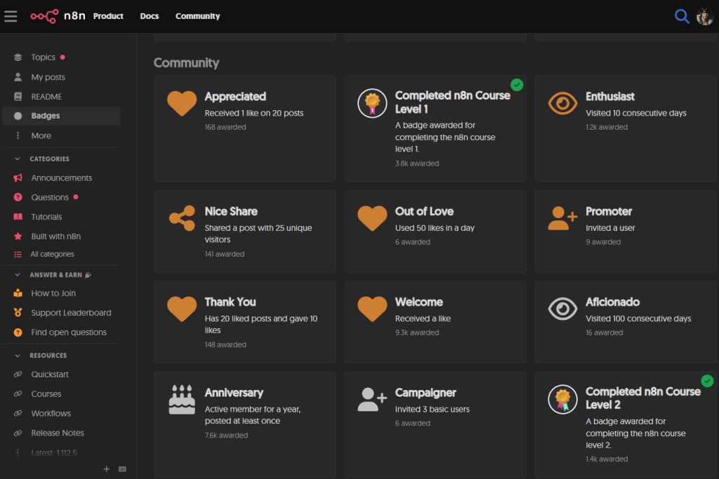 n8n論壇徽章頁面