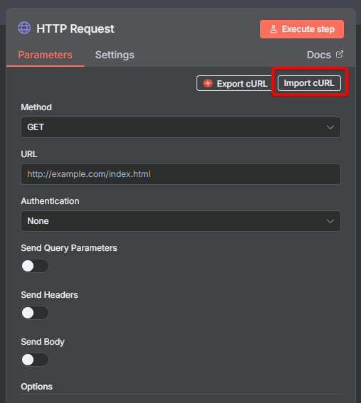 新建http節點，點擊右上紅框的按鈕，導入底下的cURL程式碼