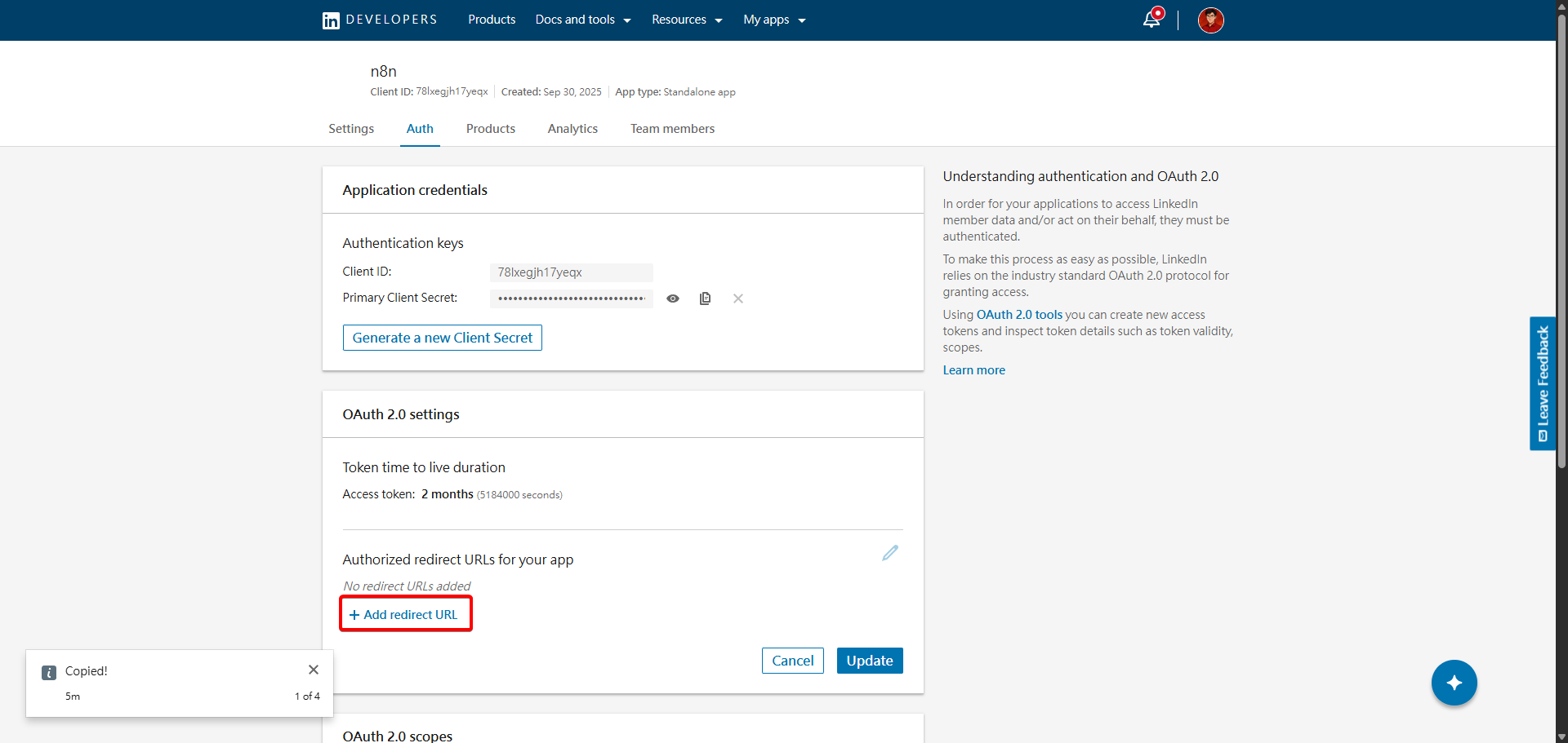 在 Linkedin 設定中點擊「Add redirect URL」按鈕